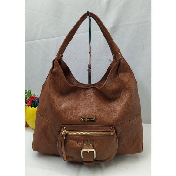 Michael Kors Fulton Brown Pebbled Leather Buckle Pocket Zipper Hobo Shoulder Bag - Picture 1 of 16